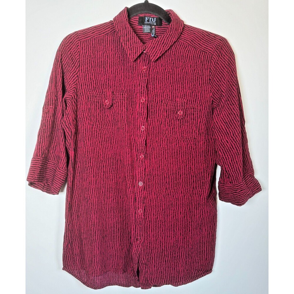 FDJ French Dressing‎ Jeans Painterly Stripe Blouse Womens 6 Burgundy Roll Tab